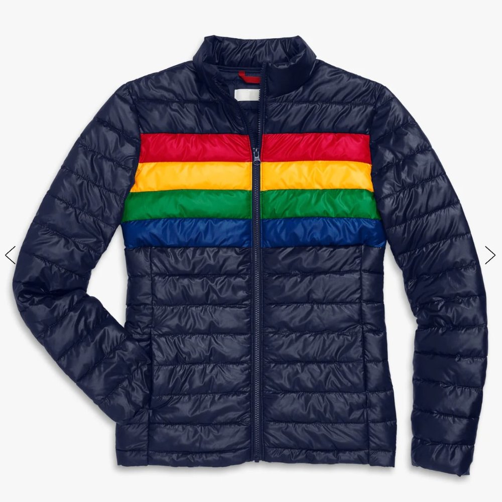 Primary Grown-ups slim fit puffer jacket in rainbow stripe